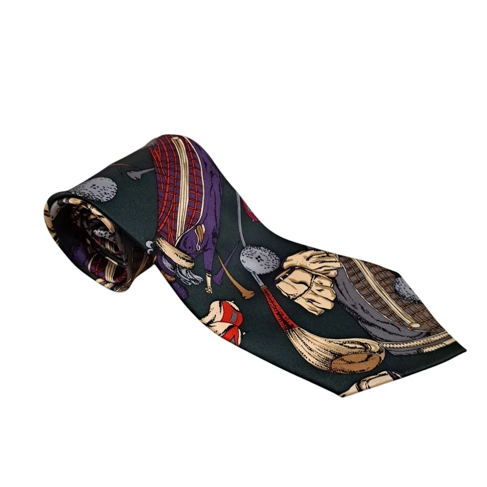 SINSABANG 100%‎ Pure Silk Green Multicolor Golf Print Korean Stand Width Tie